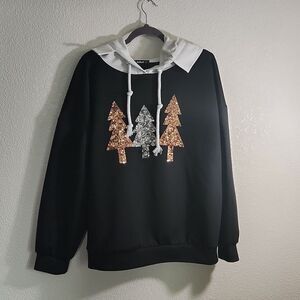 SHEILAY black sweatshirt with sequin trees, size XL
